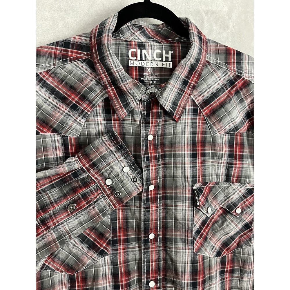 Cinch Shirt Men XL Red Plaid Modern Fit Pearl Snap Western Rodeo Good